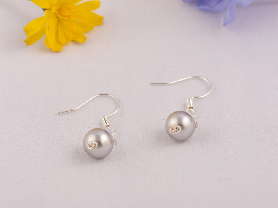 Dainty Swarovski Pearl Drop Earrings in Sterling Silver - Bridal and Wedding Earrings -  Light Grey - E069