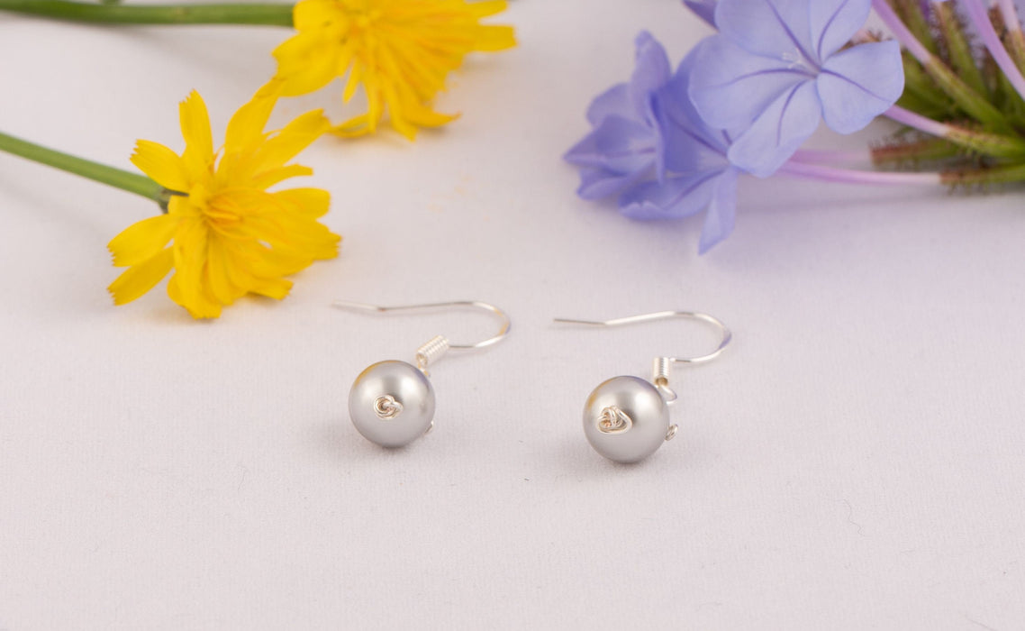 Dainty Swarovski Pearl Drop Earrings in Sterling Silver - Bridal and Wedding Earrings -  Light Grey - E069