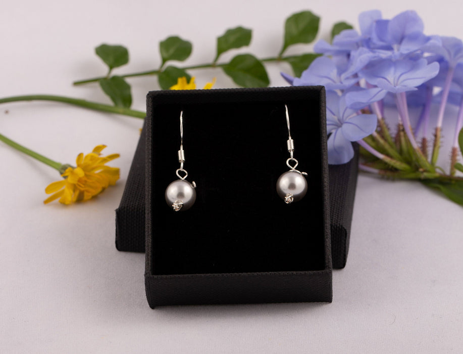 Dainty Swarovski Pearl Drop Earrings in Sterling Silver - Bridal and Wedding Earrings -  Light Grey - E069