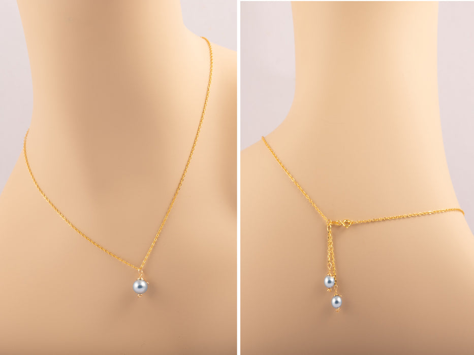 18k Gold Sterling Silver Elegant Pearl Necklace with Back drop Swarovski Light Blue - Wedding Necklace for Bride and Bridesmaids - N008