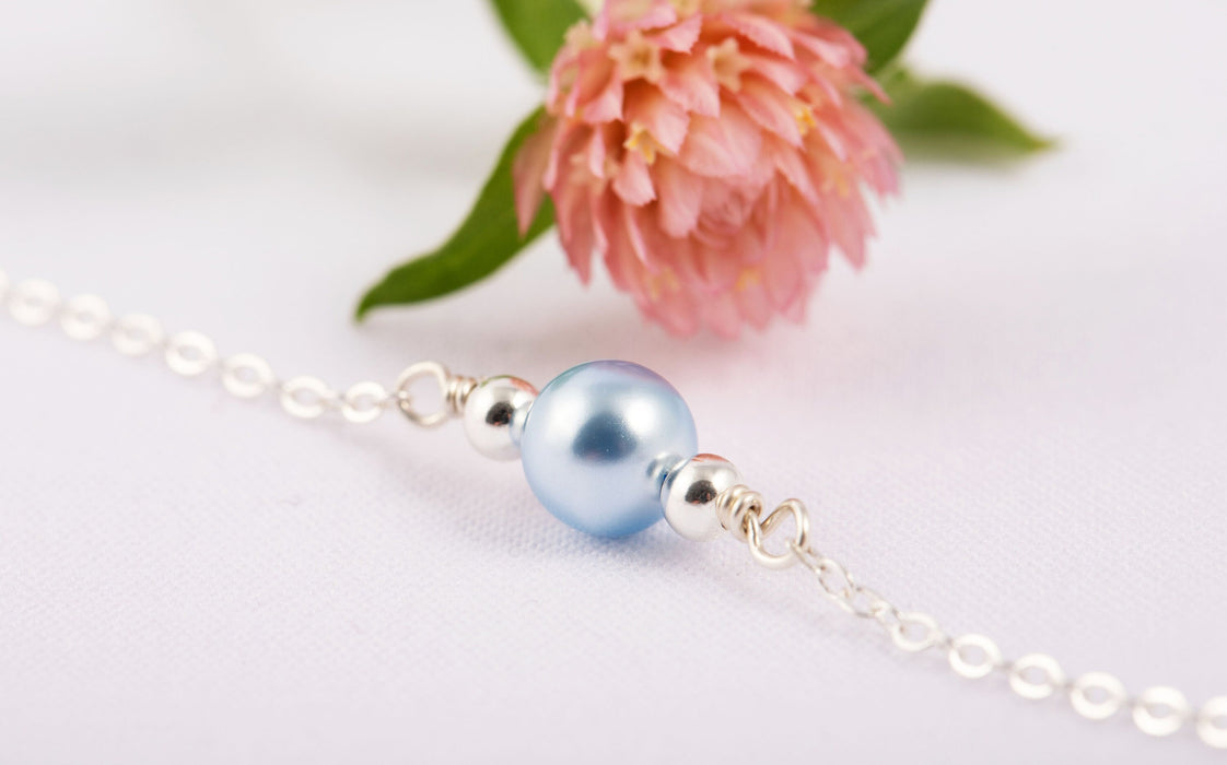 Light Blue Pearl Necklace/Sterling Silver Necklace for Women/Swarovksi Pearl Bridal Necklace/Pearl Necklace Silver/Dainty Pearl Necklace