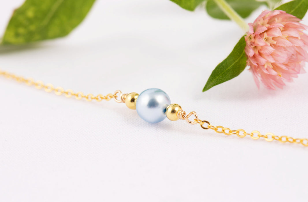 Dainty Pearl Necklace/Sterling Silver Necklace for Women/Swarovski Pearl Necklace/Swarovksi Pearl Bridal Necklace/Blue Pearl Necklace Gold