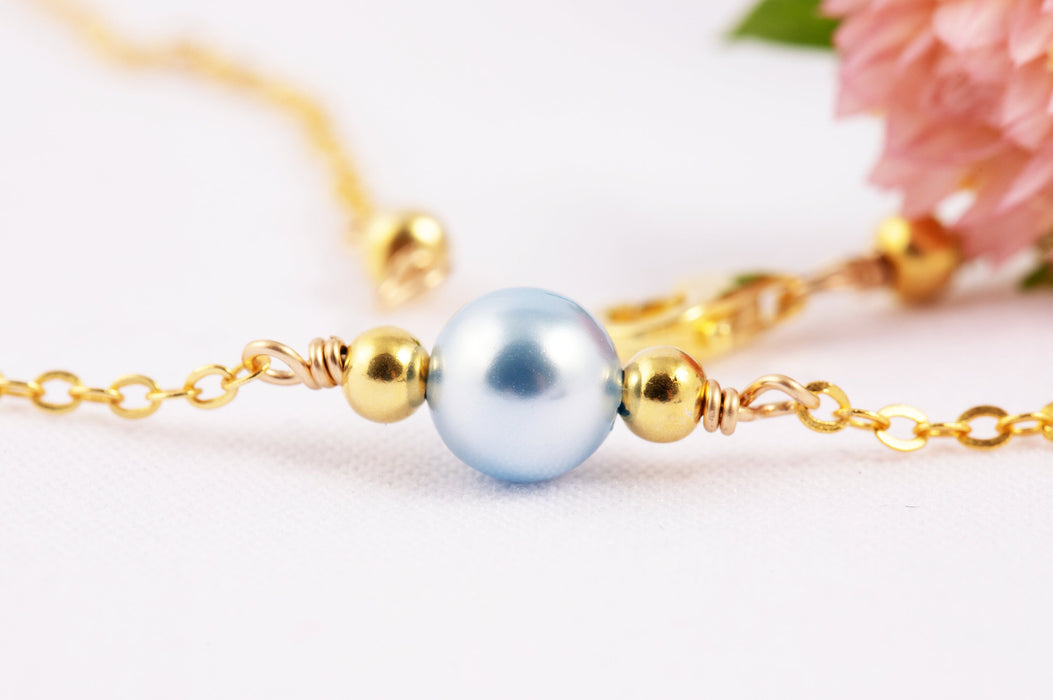 Dainty Pearl Necklace/Sterling Silver Necklace for Women/Swarovski Pearl Necklace/Swarovksi Pearl Bridal Necklace/Blue Pearl Necklace Gold