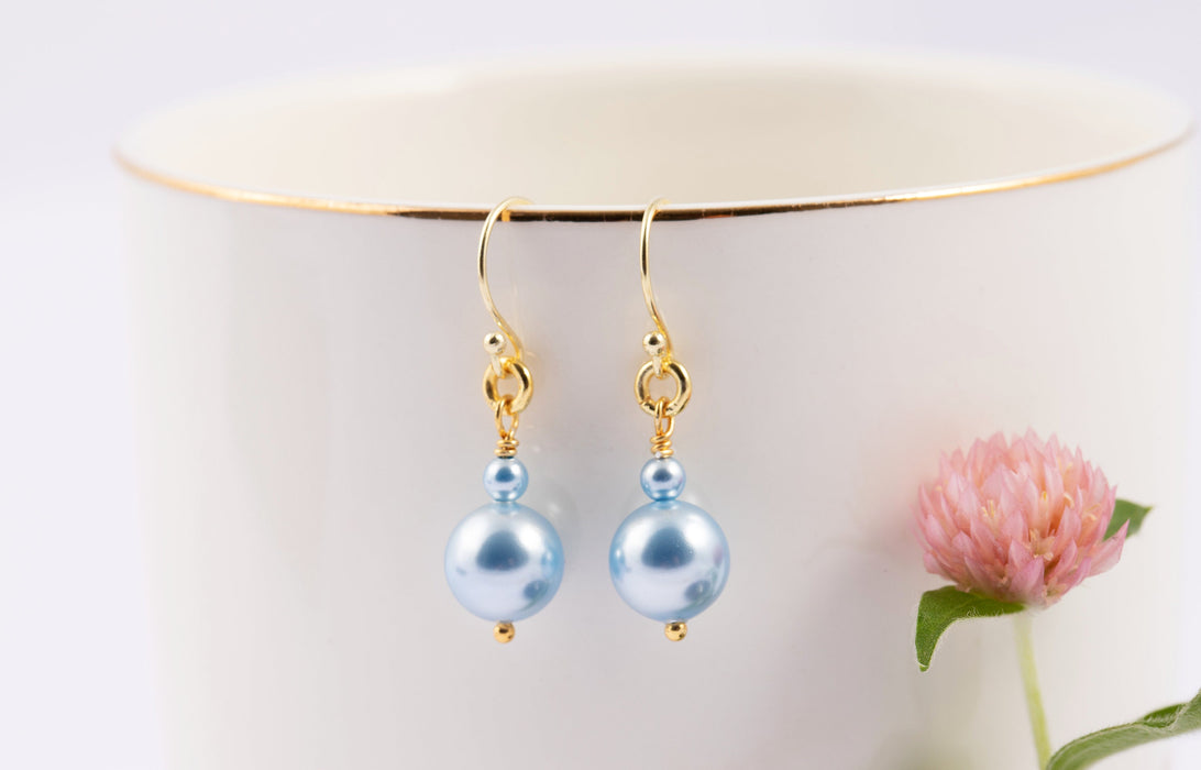 Blue Pearl Drop Earrings/Dainty Pearl Earrings in Sterling Silver/Swarovski Pearl Earrings/Pearl Drop Earrings/June Birthstone Earrings