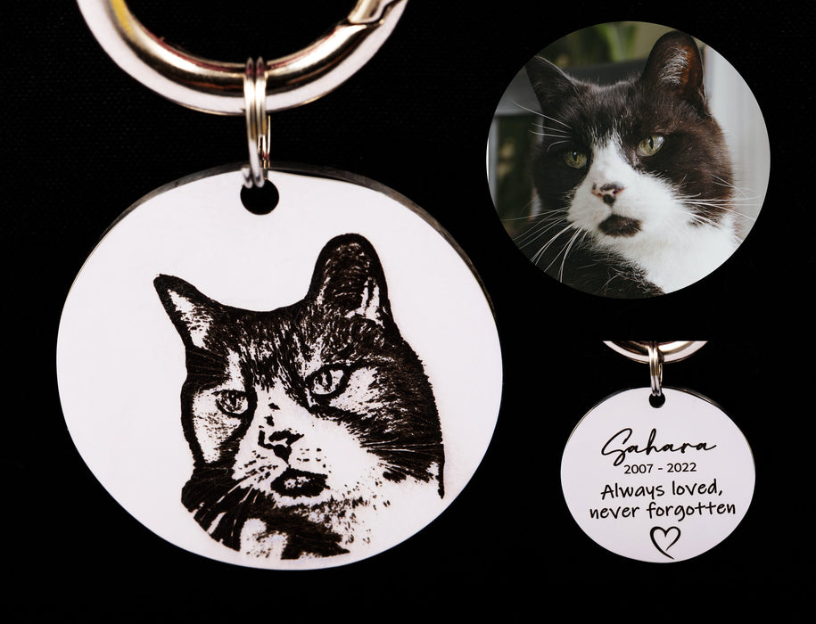 Engraved Pet Photo Keychain Personalized in Stainless Steel, Cat Portrait Keyring, Cat Picture Key chain, Pet Memorial Gift, Pet Loss Gift