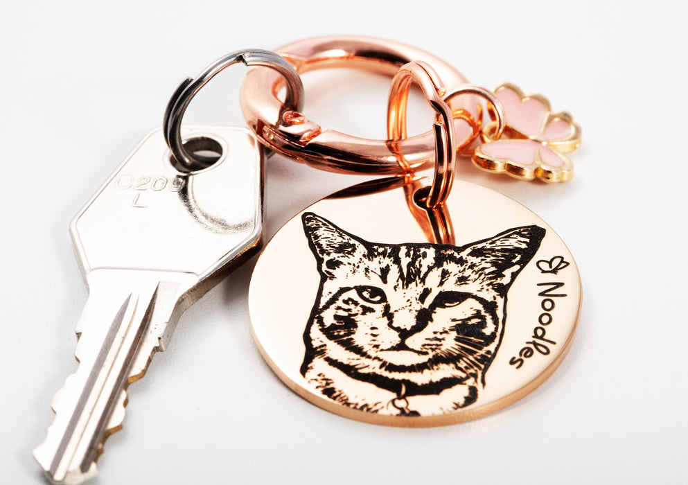 Engraved Real Pet Photo Keychain in Stainless Steel, Personalized Dog Portrait Keychain, Cat Memorial Gift, Pet Picture Keyring
