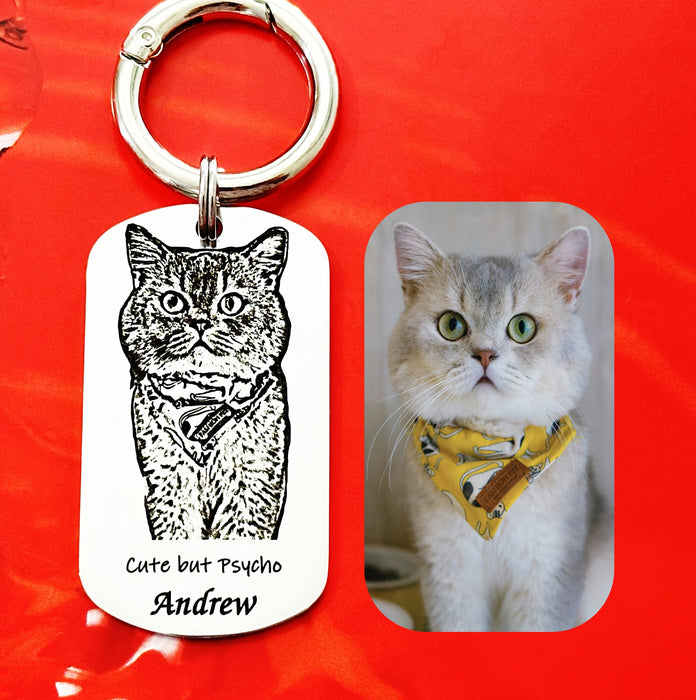 Cat Photo Keychain Personalized, Cat Dad Gift, Cat Portrait Key Chain Engraved, Cat Mum Keyring, Funny Pet Key Ring, Pet Remembrance Gift