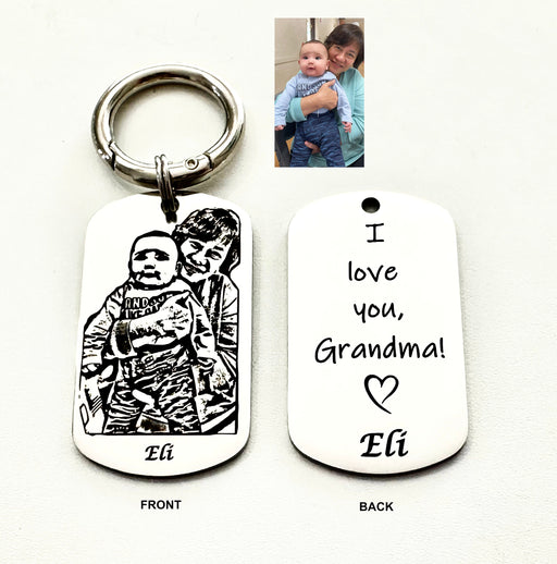 Personalised Portrait Keychain Engraved, I Love You Grandma Keyring, Custom Photo Key Chain Gold, Portrait Key ring, Gift for Grandmother