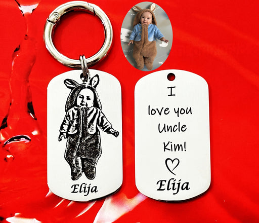 Picture Keyring Engraved, I Love You Gift for Him, Personalised Photo Key Chain Gold, Portrait Key ring, Uncle Gift, Aunt Keyring
