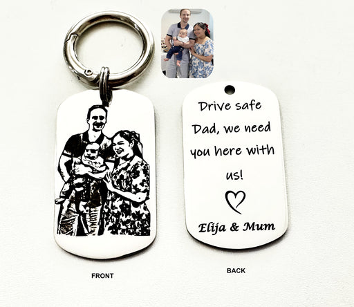 Personalized Portrait Drive Safe Dad Keyring Engraved, Custom Photo Key Chain Gold, Keepsake Keychain, Gift for Dad, Father's Gift