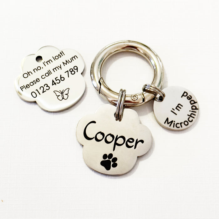 Cute Dog Tag with Microchipped Add-on, Personalised Dog Name Tag Engraved in Stainless Steel, Pet Name Plate, Small Dog Tag, Big Dog ID Tag